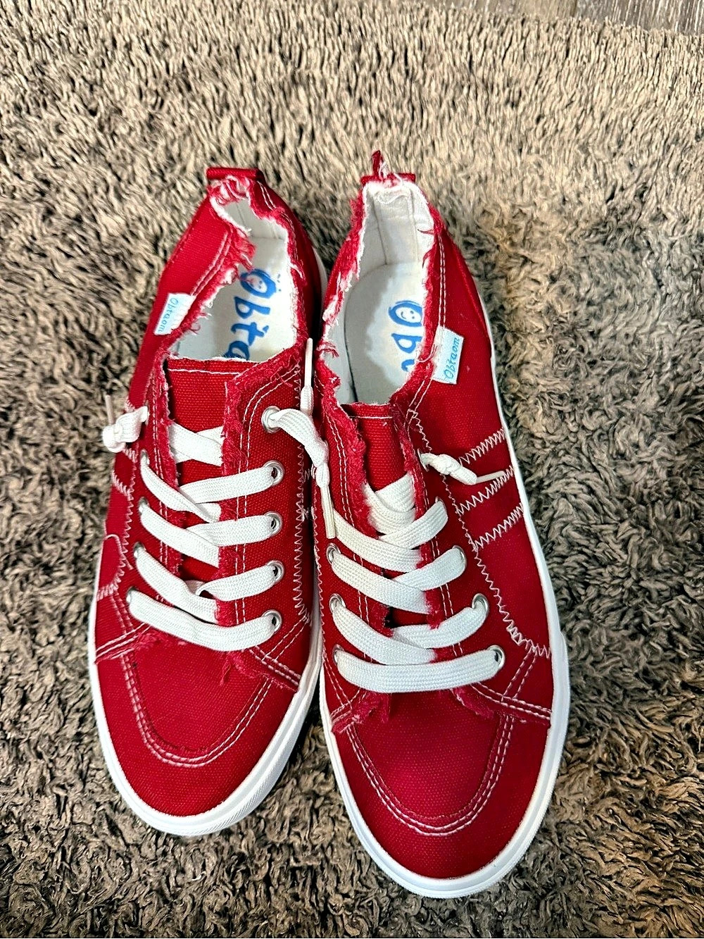 Obtaom Women Play Canvas Sneakers Rags Style Slip Ons Rags Style Red & White